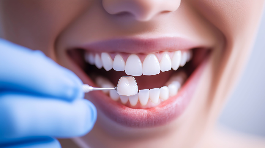 Close up of woman getting shade of teeth selected by dental professional for pressed ceramic veneers treatment for smile makeover. Process of improving dental aesthetics and health